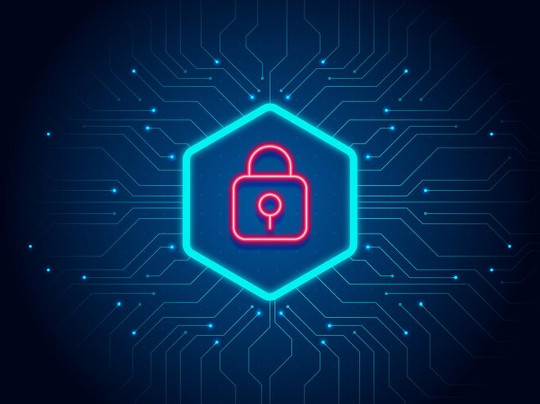 Visuel de cybersécurité avec un bouclier central et des symboles de cadenas, représentant la protection des systèmes informatiques contre les cybermenaces.