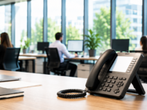 Téléphone fixe IP professionnel sur un bureau dans un espace de travail moderne avec des collaborateurs en arrière-plan.
