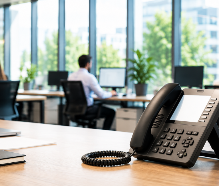 Téléphone fixe IP professionnel sur un bureau dans un espace de travail moderne avec des collaborateurs en arrière-plan.