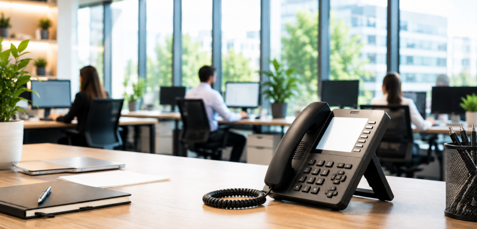 Téléphone fixe IP professionnel sur un bureau dans un espace de travail moderne avec des collaborateurs en arrière-plan.