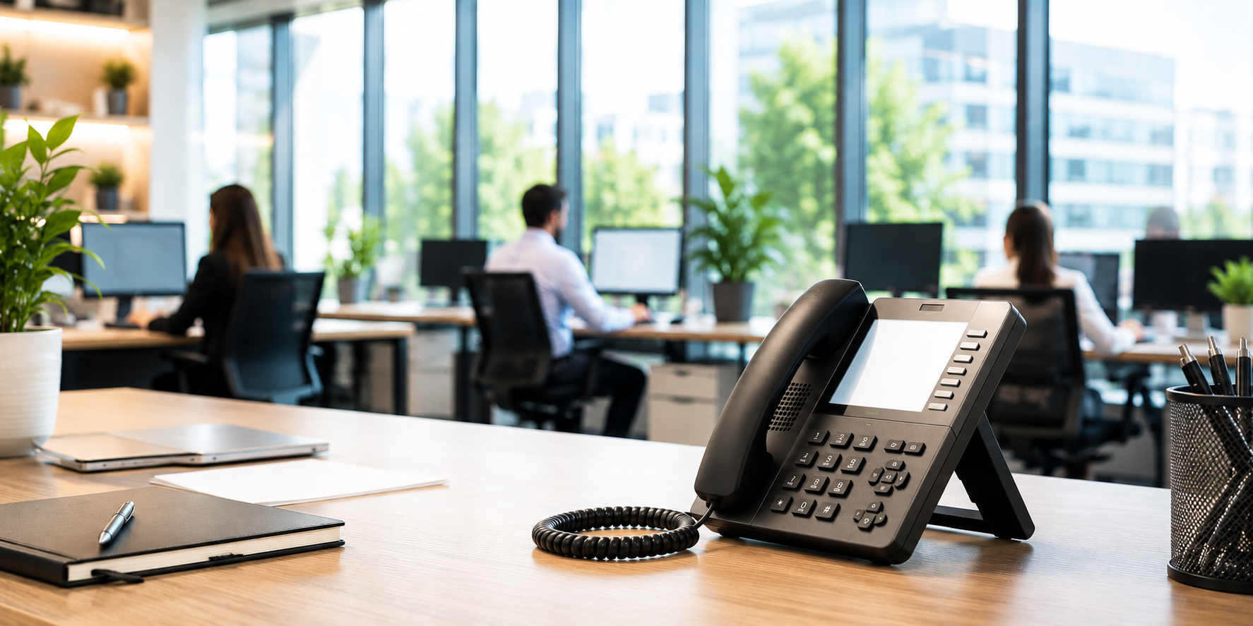 Téléphone fixe IP professionnel sur un bureau dans un espace de travail moderne avec des collaborateurs en arrière-plan.