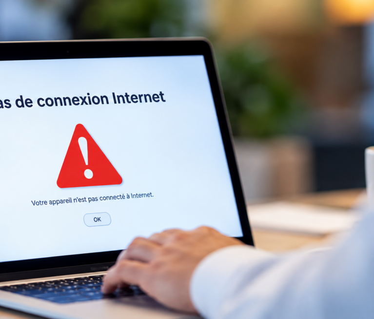 Professionnel utilisant un ordinateur portable affichant un message d’absence de connexion Internet.