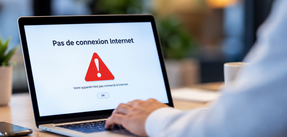 Professionnel utilisant un ordinateur portable affichant un message d’absence de connexion Internet.