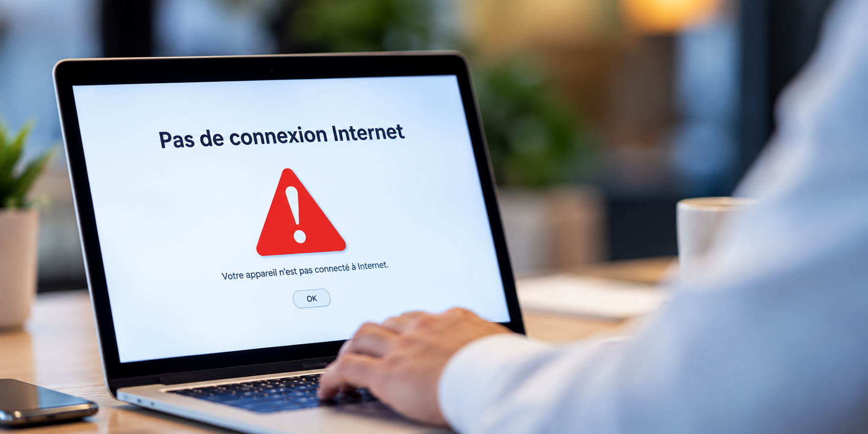 Professionnel utilisant un ordinateur portable affichant un message d’absence de connexion Internet.
