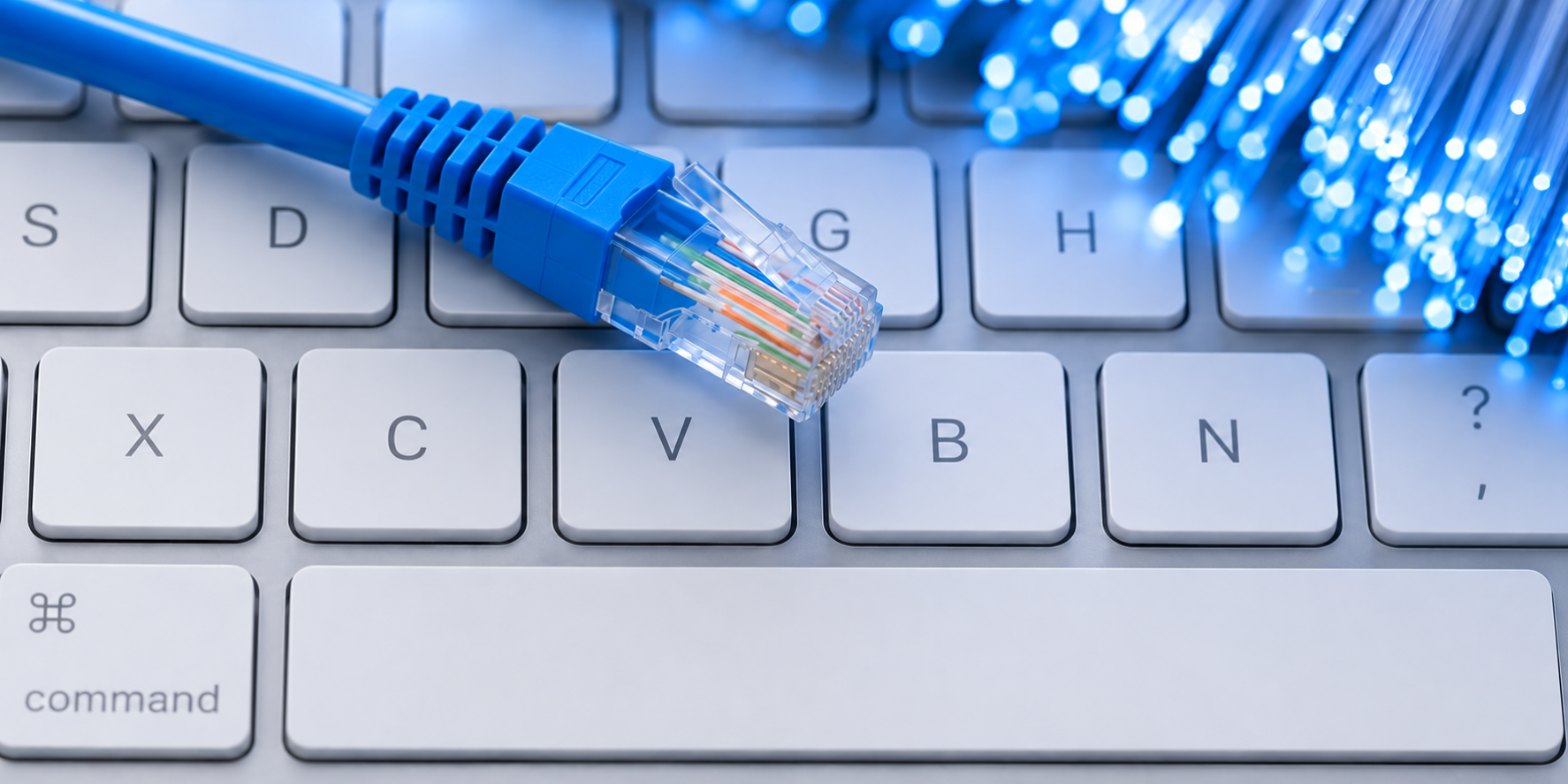 Câble Ethernet bleu posé sur un clavier blanc représentant la connexion réseau et la continiuté d’activité en cas de coupure d’internet